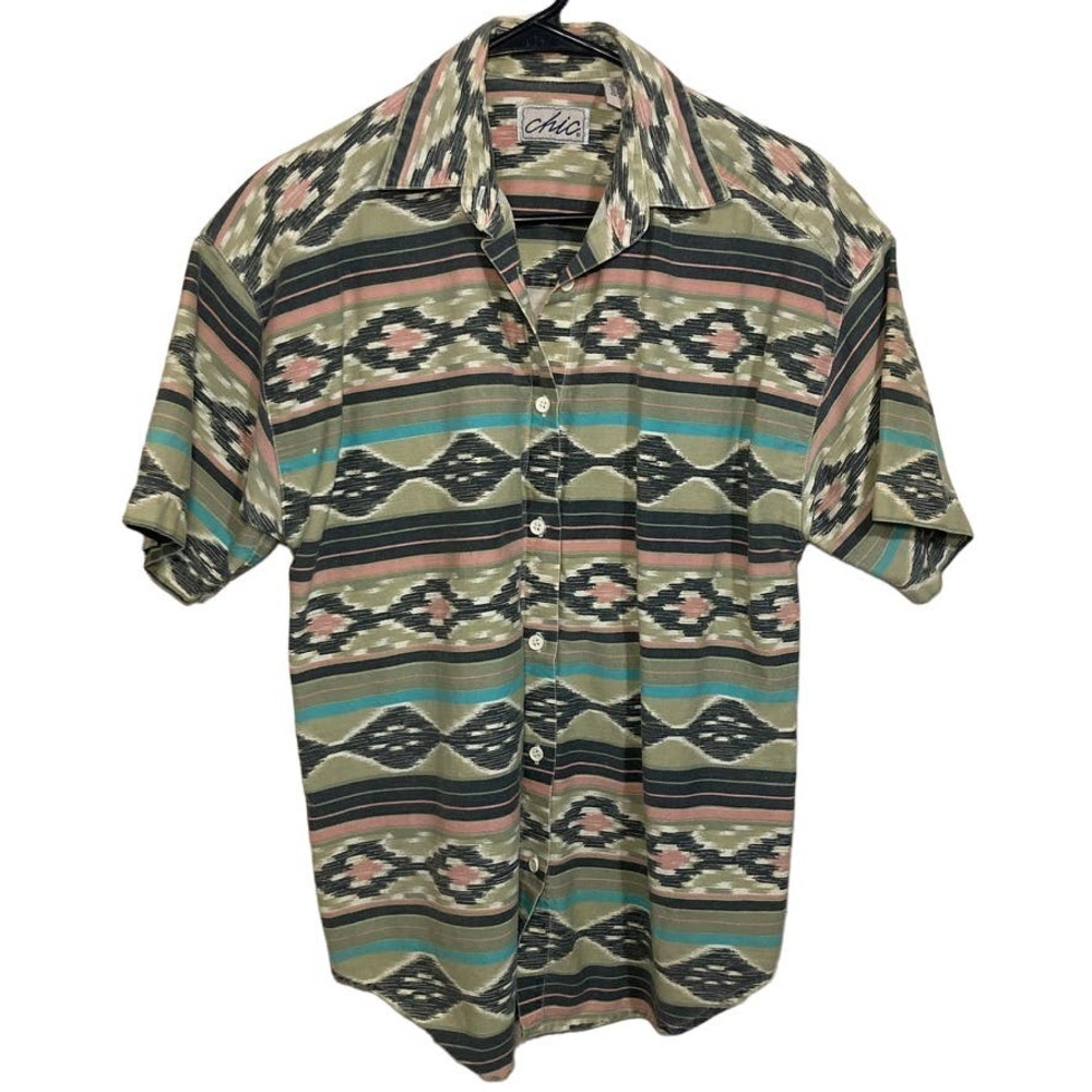 Chic 90s Vintage Button Up 100% Cotton Geometric/Striped/Aztec Men's S